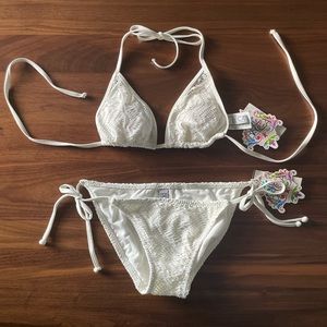 Becca white crochet triangle bikini top and side-tie bottoms